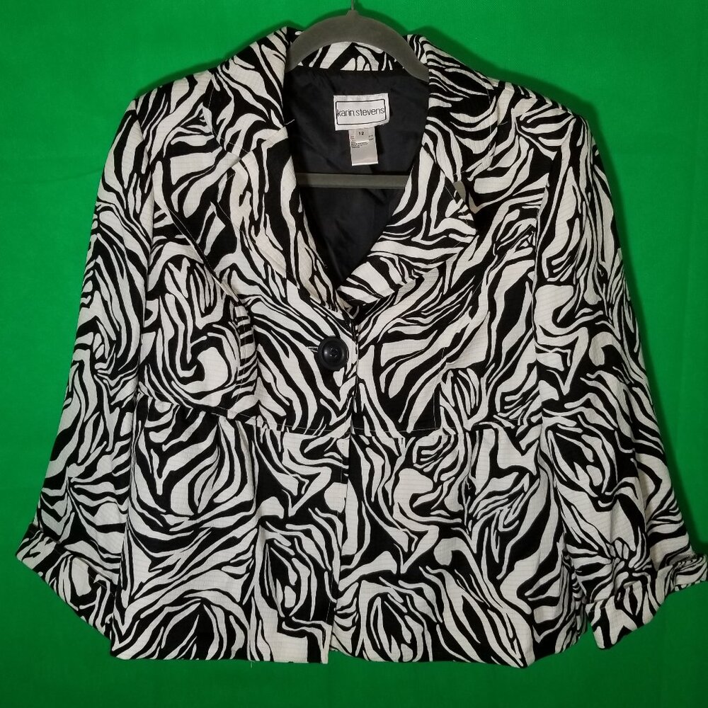 Karin Stevens Button Front Jacket‎ Blazer Women Size 12 Giraffes Black White